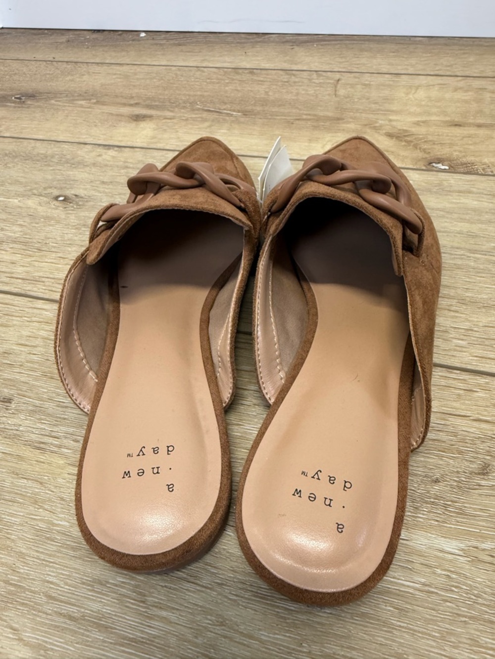 A New Day Brown Suede Chain-Accent Pointed Mules Women’s 10 Slip On Office - Picture 3 of 8